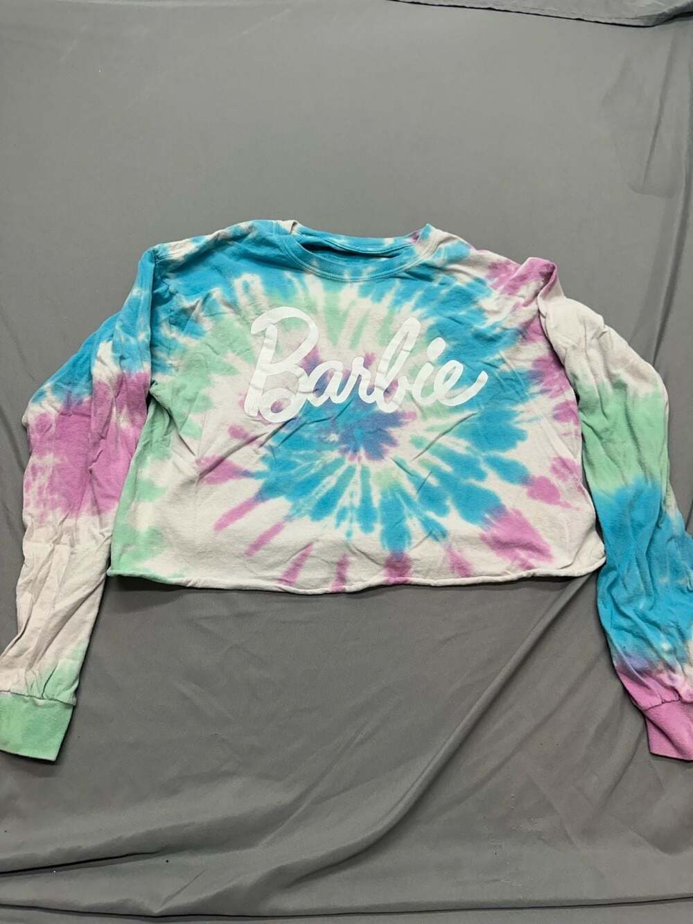 Barbie Tie Dye Long Sleeve Crop Top Shirt Blue Purple Green Size L